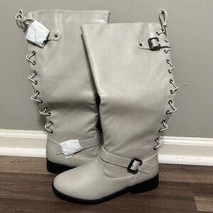 Wanted Women's Boots 7.5 Lady Luck Ice Light Gray Lace Up Buckle Knee High NEW